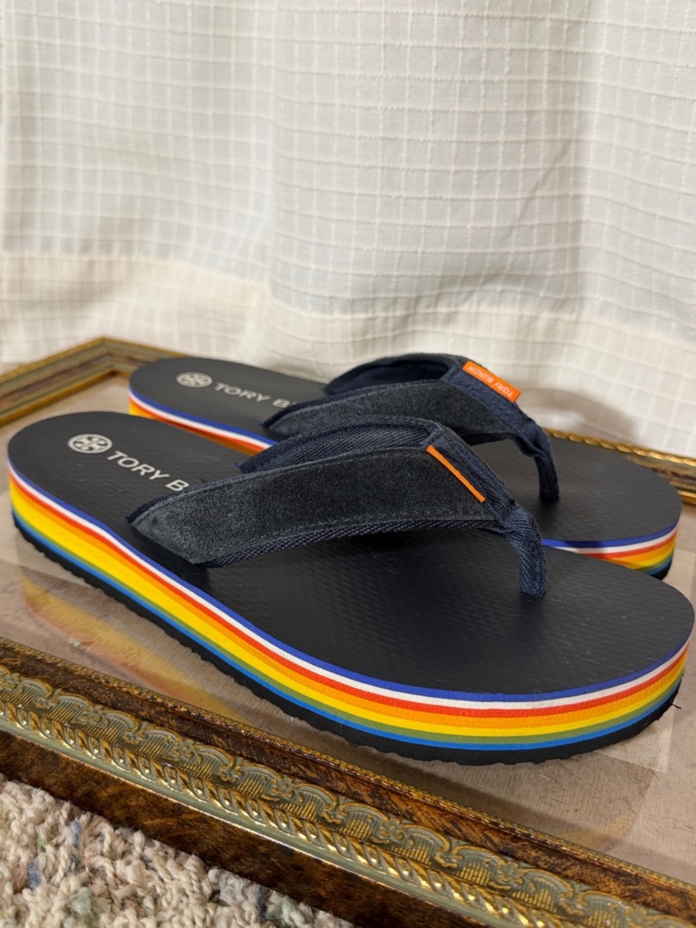 Tory Burch wms 9 70s platform Navy Flip Flops Rainbow blue suede sandals shoes
